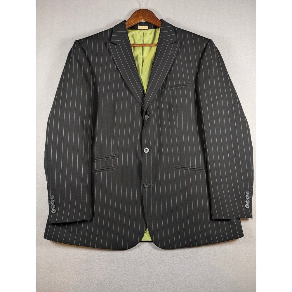 Cubavera Mens 44R Pinstripe Blazer Black Lime Green Lining 3 Button Suit Jacket